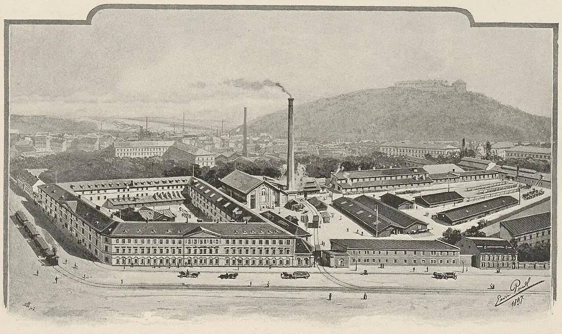 Kresba brněnské textilní továrny Aron & Jacob Löw-Beer's Söhne z roku 1897